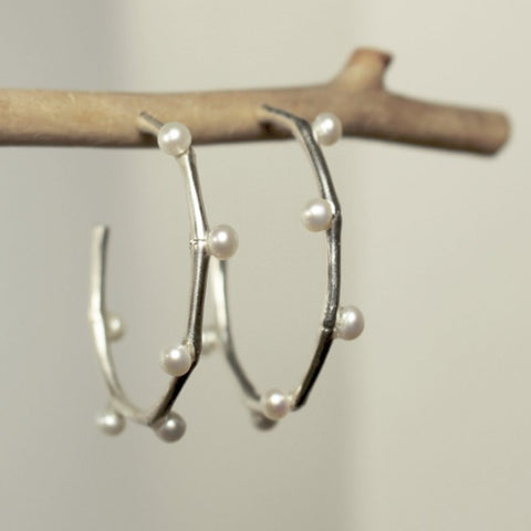 Bamboo Silver and Pearl Hoop Studs